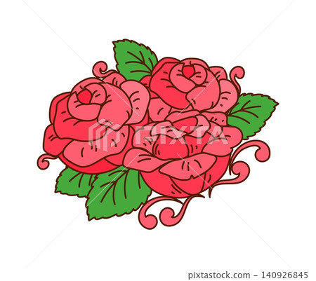 Cowgirl groovy cartoon tattoo of pink roses for disco girly cowboy icon. Cowgirl tattoo of flowers bunch for Wild West cowgirl and Western girly cowboy disco t shirt print with floral ornament 140926845