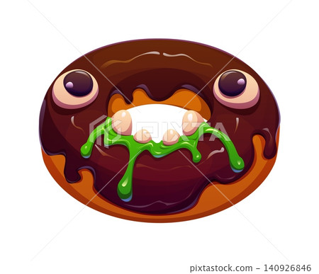 Cartoon Halloween sweet donut with monster face. Sweet round pastry with glossy chocolate glaze and dripping green slime drool.Vector donut with candy eyes and soft marshmallow fangs 140926846
