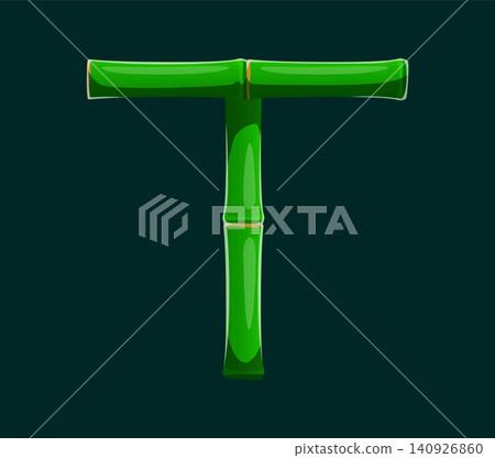 Bamboo letters for Japanese or Asian font type, jungle forest plant English alphabet typeface. Letter T of bamboo sticks or green bamboo canes for tropical type or Chinese hieroglyph font typeface 140926860