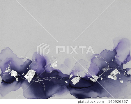 A chic gray washi paper background with layers of dark purple and indigo watercolors and silver leaf at the bottom. A chic gray washi paper background with layers of dark purple and indigo watercolors and silver leaf at the bottom. 140926867