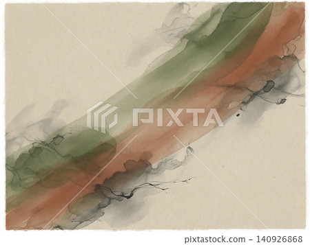 A beige, modern Japanese background with moss green and terracotta watercolors running diagonally across it. A beige, modern Japanese background with moss green and terracotta watercolors running diagonally across it. 140926868