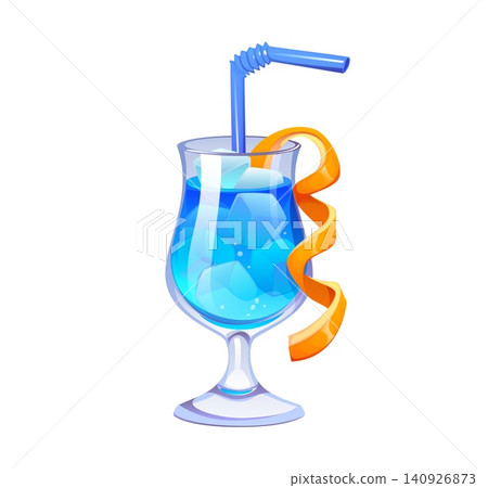 Blue Lagoon cocktail glass or party alcohol drink isolated for beverage bar menu. Blue Lagoon glass or Blue Skies cocktail cup with ice cubes and orange fruit zest for liqueur cocktail drink Blue Lagoon cocktail glass or party alcohol drink isolated for beverage bar menu. Blue Lagoon glass or Blue Skies cocktail cup with ice cubes and orange fruit zest for liqueur cocktail drink 140926873