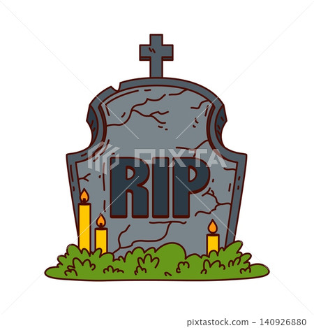 Groovy retro Halloween tombstone with RIP text, yellow burning candles, and green grass. Spooky grey cracked gravestone with cross. Vector icon with spooky cemetery vibe Groovy retro Halloween tombstone with RIP text, yellow burning candles, and green grass. Spooky grey cracked gravestone with cross. Vector icon with spooky cemetery vibe 140926880