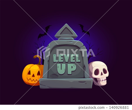 Scary Halloween game level up rank or mysterious badge, vector cartoon GUI interface element. Level up rank banner of tombstone with pumpkin lantern and skeleton skull on cemetery for Halloween game Scary Halloween game level up rank or mysterious badge, vector cartoon GUI interface element. Level up rank banner of tombstone with pumpkin lantern and skeleton skull on cemetery for Halloween game 140926881