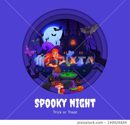 Halloween paper cut greeting card with witch near cauldron, flying ghosts and bats, abandoned castle and night sky. Halloween holiday vector paper cut frame with funny witch making magic potion 140926884