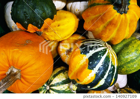 Different types of squash are stacked together in a basket at a market in autumn seasons across the countryside Different types of squash are stacked together in a basket at a market in autumn seasons across the countryside 140927109