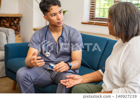 Diverse nurse and senior patient using glucose meter on couch in living room Diverse nurse and senior patient using glucose meter on couch in living room 140927239