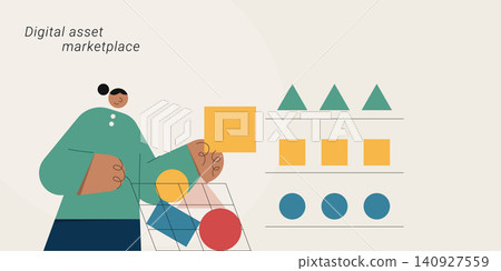 Flat design illustration of a person organizing colorful geometric shapes on shelves, representing a digital asset marketplace and collection. Perfect for NFT, crypto, fintech, and tech content. 140927559
