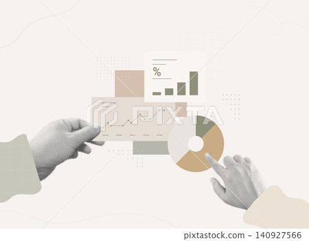 Trendy Halftone Collage of two hands analyzing line chart, bar graph, and pie chart data cards, representing market analytics and financial insight. Trendy Halftone Collage of two hands analyzing line chart, bar graph, and pie chart data cards, representing market analytics and financial insight. 140927566