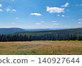 Serene Mountain Vista with Expansive Forest and Clear Blue Sky for Nature Poster Design 140927644