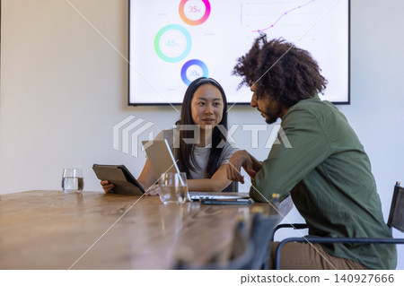 Diverse coworkers analyzing charts on screen while using tablet, laptop in meeting room at table Diverse coworkers analyzing charts on screen while using tablet, laptop in meeting room at table 140927666