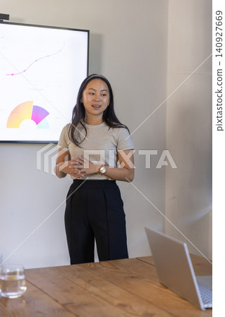 Asian chinese woman presenting on wall-mounted display showing charts in meeting room, laptop Asian chinese woman presenting on wall-mounted display showing charts in meeting room, laptop 140927669