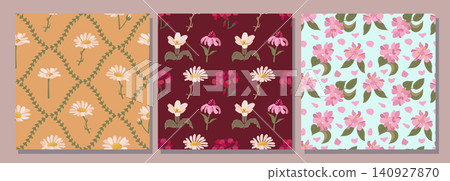 Minimalist Botanic Pattern Set. Daisies Sakura Minimalist Botanic Pattern Set. Daisies Sakura 140927870