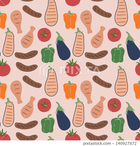 BBQ Pattern. Sausages Chicken Vegetables Cream Background BBQ Pattern. Sausages Chicken Vegetables Cream Background 140927872