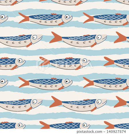 Amalfi Pattern. Sardines on Striped Blue Backgroun Amalfi Pattern. Sardines on Striped Blue Backgroun 140927874