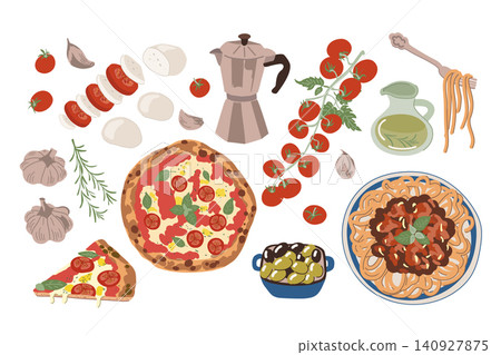 Amalfi Food Set. Pizza Pasta Mozzarella Coffee. Amalfi Food Set. Pizza Pasta Mozzarella Coffee. 140927875