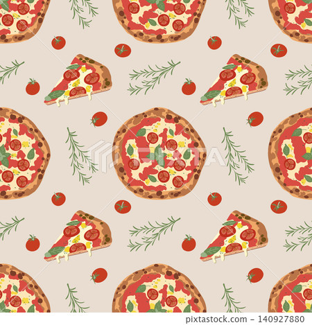 Pizza Pattern. Cherry Tomatoes Rosemary Cream Background Pizza Pattern. Cherry Tomatoes Rosemary Cream Background 140927880