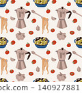 Italian Kitchen Pattern. Moka Olives Pasta Tomato 140927881