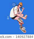 Girl with Badminton Racket. Blue Background 140927884