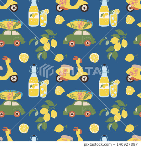 Amalfi Pattern. Scooter Car Lemons Limoncello Blue Amalfi Pattern. Scooter Car Lemons Limoncello Blue 140927887