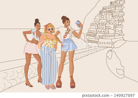 Three Girls Taking Selfie. Italian Coast Summer Three Girls Taking Selfie. Italian Coast Summer 140927897