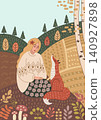 Nordic Folk Girl with Fox. Autumn 140927898