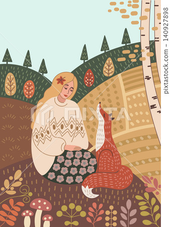 Nordic Folk Girl with Fox. Autumn Nordic Folk Girl with Fox. Autumn 140927898