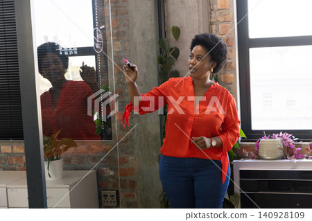 Mid adult african american woman near glass panel in office sketching diagram with marker Mid adult african american woman near glass panel in office sketching diagram with marker 140928109