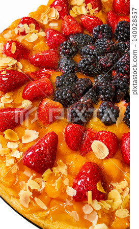 Fresh Strawberry Blackberry Peach Tart with Almond Flakes Close Up Fresh Strawberry Blackberry Peach Tart with Almond Flakes Close Up 140928857