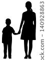 Mother and baby boy holding hands - front view, black 140928863