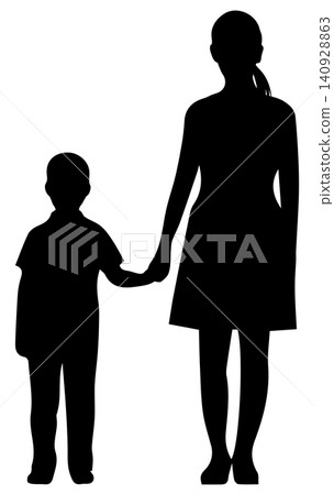 Mother and baby boy holding hands - front view, black Mother and baby boy holding hands - front view, black 140928863