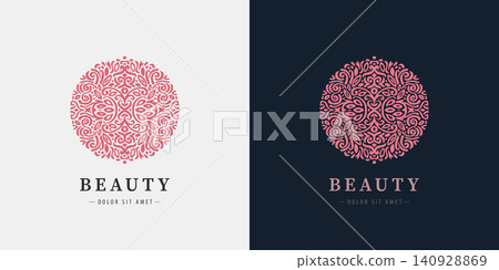 Luxury vector nature logo with elegant floral leaves, circle mandala ornament, organic elements. Tea, spa, beauty, perfume, restaurant, hotel, cosmetic, wellness, and premium branding. 140928869