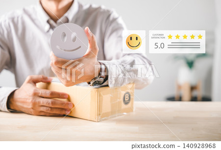 Online customer experience highlights satisfaction with reliable delivery service, happy person holding shipping box, giving five star review and positive feedback concept for strong brand reputation Online customer experience highlights satisfaction with reliable delivery service, happy person holding shipping box, giving five star review and positive feedback concept for strong brand reputation 140928968