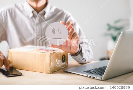 Feedback concept, person shows neutral face icon, providing customer experience review for online shopping delivery box service satisfaction evaluation, crucial for brand reputation Feedback concept, person shows neutral face icon, providing customer experience review for online shopping delivery box service satisfaction evaluation, crucial for brand reputation 140928969