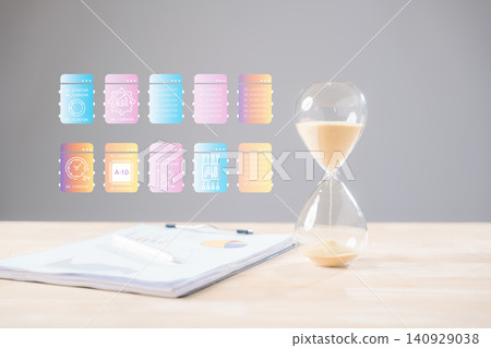 Hourglass shows work time management for business paperwork, documents and files, digital icons visualize data processing, strategy, and crucial project deadlines Hourglass shows work time management for business paperwork, documents and files, digital icons visualize data processing, strategy, and crucial project deadlines 140929038