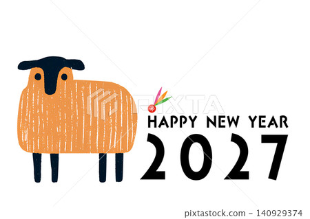 New Year's greeting card for 2027, Year of the Sheep: A simple and modern design featuring a cute Scandinavian-style illustration of a sheep and feathers. New Year's greeting card for 2027, Year of the Sheep: A simple and modern design featuring a cute Scandinavian-style illustration of a sheep and feathers. 140929374
