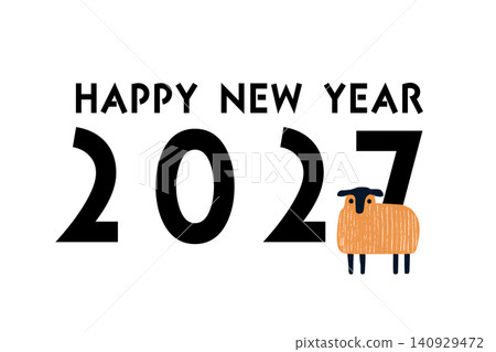 New Year's greeting card for 2027, Year of the Sheep: A simple and modern design featuring a cute Scandinavian-style sheep. New Year's greeting card for 2027, Year of the Sheep: A simple and modern design featuring a cute Scandinavian-style sheep. 140929472