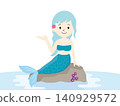 An illustration of a mermaid girl sitting on a rock, light blue. An illustration of a mermaid girl sitting on a rock, light blue. 140929572