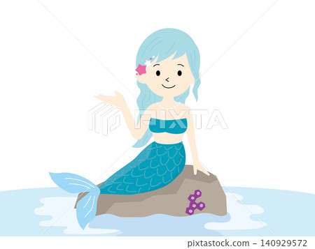 An illustration of a mermaid girl sitting on a rock, light blue. An illustration of a mermaid girl sitting on a rock, light blue. 140929572