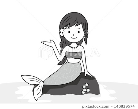 A monochrome illustration of a mermaid girl sitting on a rock. A monochrome illustration of a mermaid girl sitting on a rock. 140929574