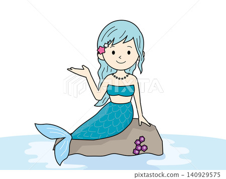 An illustration of a mermaid girl sitting on a rock, in blue with outlines. An illustration of a mermaid girl sitting on a rock, in blue with outlines. 140929575