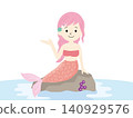 An illustration of a mermaid girl sitting on a rock, pink An illustration of a mermaid girl sitting on a rock, pink 140929576