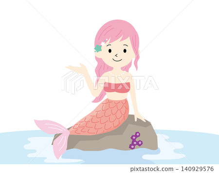 An illustration of a mermaid girl sitting on a rock, pink An illustration of a mermaid girl sitting on a rock, pink 140929576