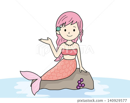 An illustration of a mermaid girl sitting on a rock, in pink with outlines. An illustration of a mermaid girl sitting on a rock, in pink with outlines. 140929577