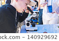 Curious boy looking through a microscope at an outdoor science fair. Enthusiastic kid exploring biology sample during an educational laboratory festival. Curious boy looking through a microscope at an outdoor science fair. Enthusiastic kid exploring biology sample during an educational laboratory festival. 140929692