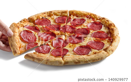 Hand Taking a Slice of Freshly Baked Pepperoni Pizza Isolated on White background 140929977