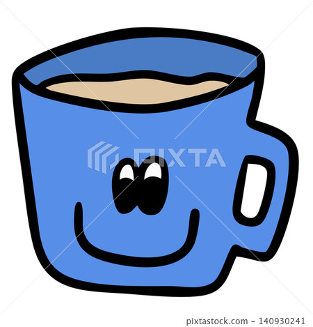 Hand drawn hot tea in blue mug for cafe, restaurant, drink menu, recipe, department store, supermarket, mart, caffeine, beverage, kitchenware, office snack, breakfast, workloads, work from home 140930241