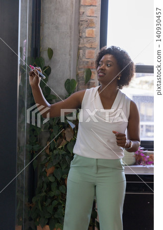 African american woman in business attire writing in meeting room on glass board with marker African american woman in business attire writing in meeting room on glass board with marker 140930457