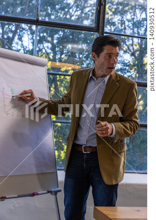 Male presenter wearing business attire pointing at chart using marker at office, copy space Male presenter wearing business attire pointing at chart using marker at office, copy space 140930512