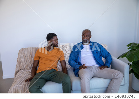 African american father and son sitting and talking on couch beside potted plant in living room African american father and son sitting and talking on couch beside potted plant in living room 140930745